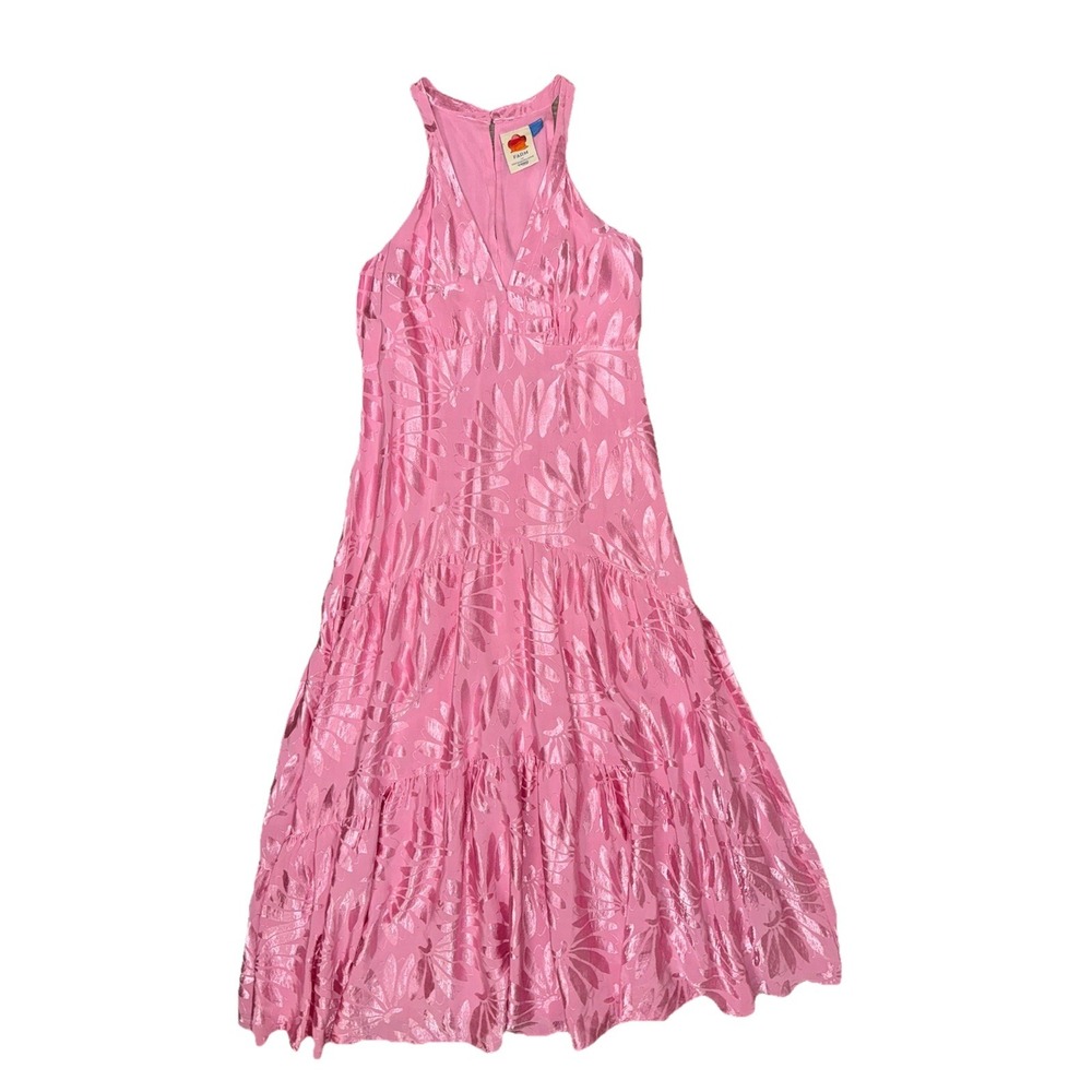 Farm Rio V Neck Sleeveless Tier Skirt Waist Soft Pink Satin Floral Long Dress L